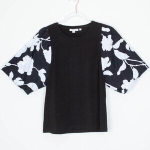 Chicos Womens Floral Puff Sleeve Top‎ Size 00 XS Black Minimalist Office Staple